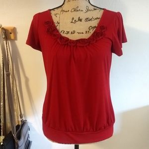 East 5th Small Red Holiday Blouse w/ Rosettes